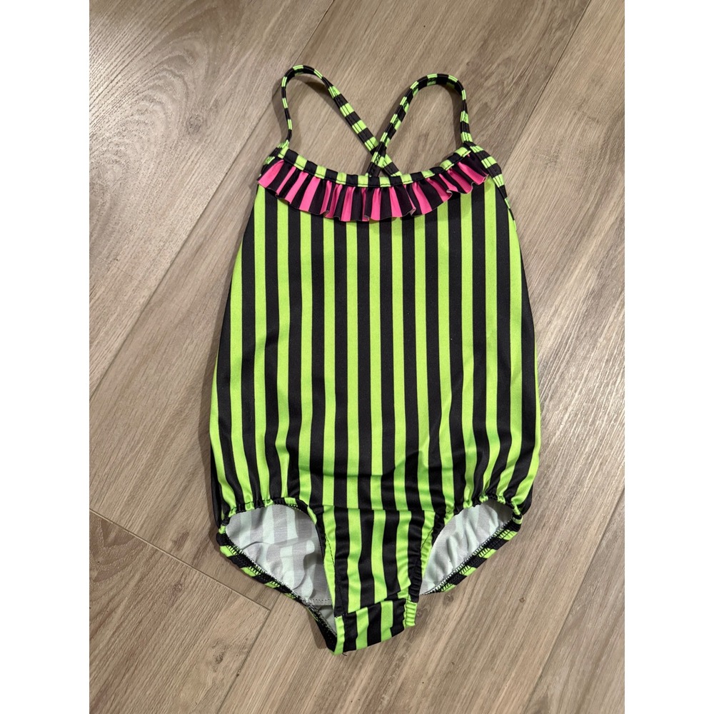 Vintage Candlesticks Girls Neon Green Black Striped Ruffle Swimsuit Size 6 USA